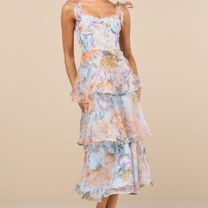 Lulus Playfully Posh Blue Floral Organza Tie-strap Tiered Midi Dress - Size XL